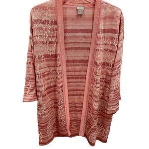 Chico's 1 M Striped Floral Embroidered Open Front Long Cardigan Pink